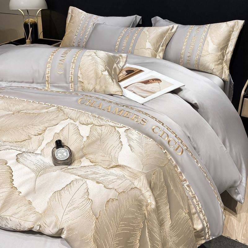 Modern Style Leaf Pattern Embroidery Silky Satin Bedding Set