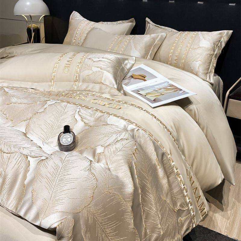 Modern Style Leaf Pattern Embroidery Silky Satin Bedding Set