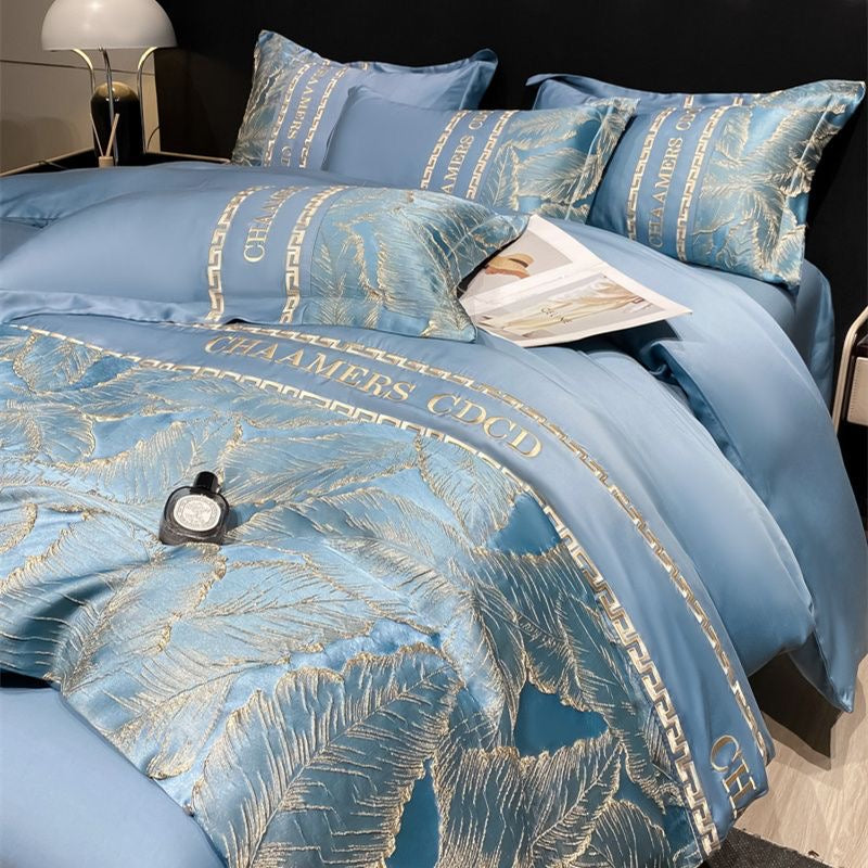 Modern Style Leaf Pattern Embroidery Silky Satin Bedding Set