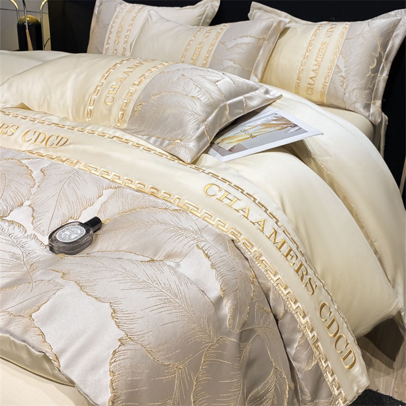 Modern Style Leaf Pattern Embroidery Silky Satin Bedding Set