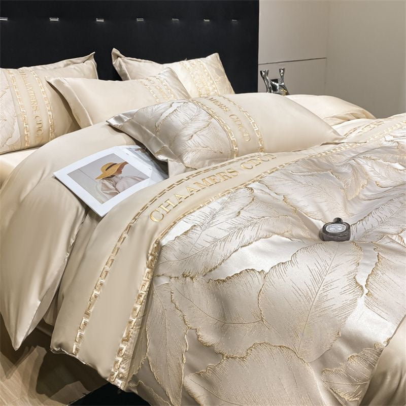 Modern Style Leaf Pattern Embroidery Silky Satin Bedding Set