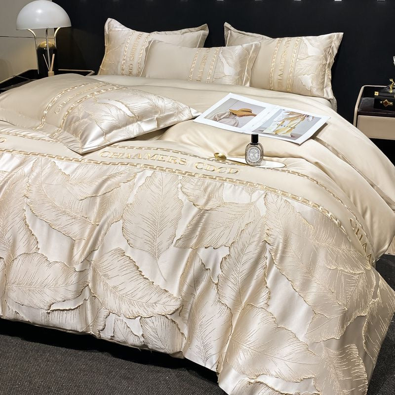 Modern Style Leaf Pattern Embroidery Silky Satin Bedding Set