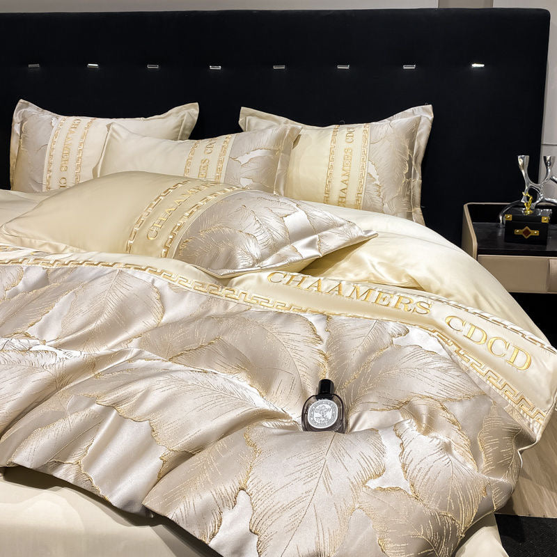 Modern Style Leaf Pattern Embroidery Silky Satin Bedding Set