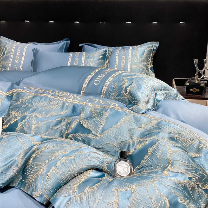 Modern Style Leaf Pattern Embroidery Silky Satin Bedding Set