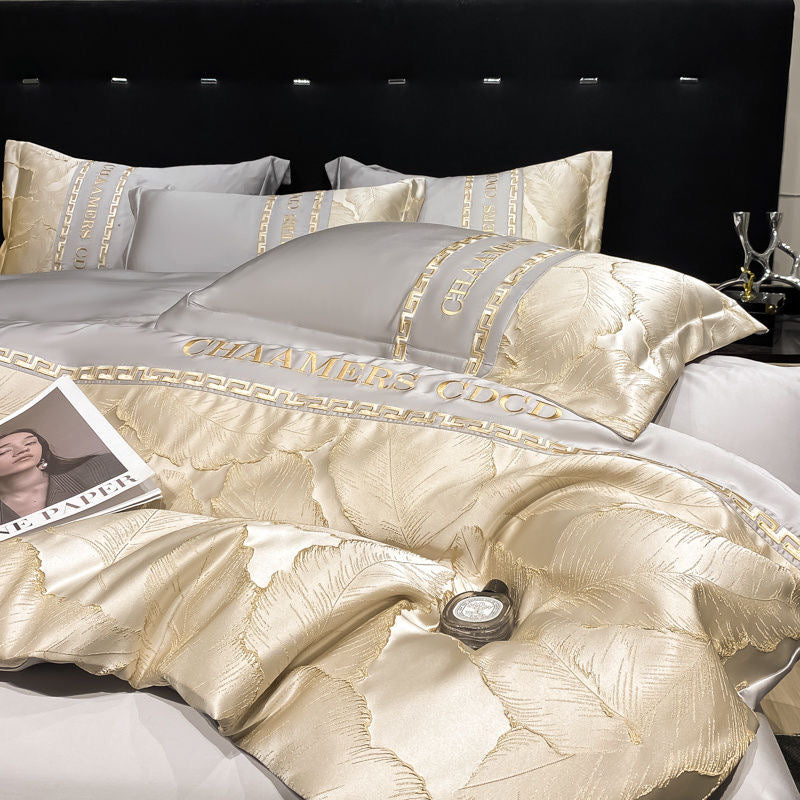 Modern Style Leaf Pattern Embroidery Silky Satin Bedding Set