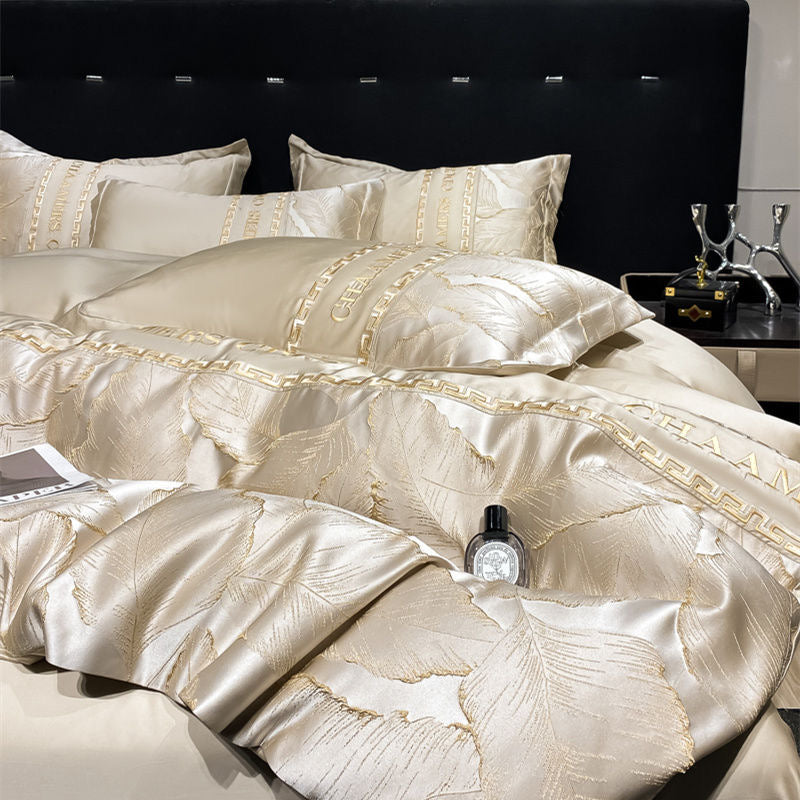 Modern Style Leaf Pattern Embroidery Silky Satin Bedding Set