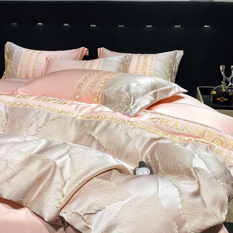 Modern Style Leaf Pattern Embroidery Silky Satin Bedding Set