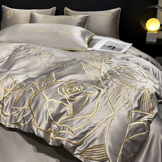 Romantic Style Rose Pattern Embroidery Silky Satin Bedding Set