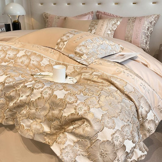 Fashion Style Floral Pattern Embroidery Silky Satin Bedding Set