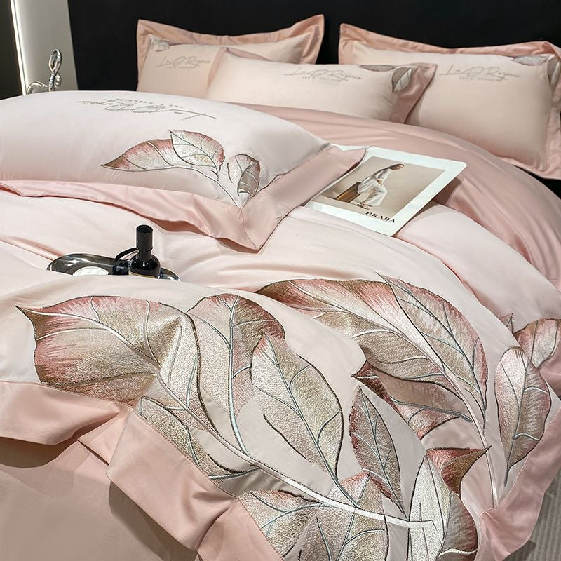 Ultra Soft Modern Style Leaf Pattern Embroidery Silky Satin Bedding Set