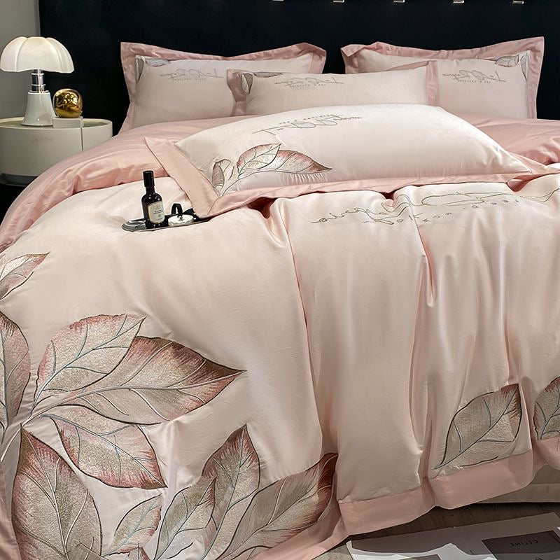 Ultra Soft Modern Style Leaf Pattern Embroidery Silky Satin Bedding Set