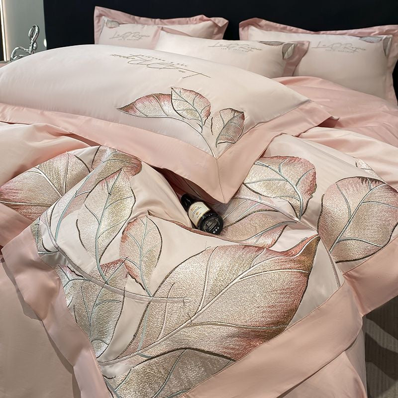 Ultra Soft Modern Style Leaf Pattern Embroidery Silky Satin Bedding Set