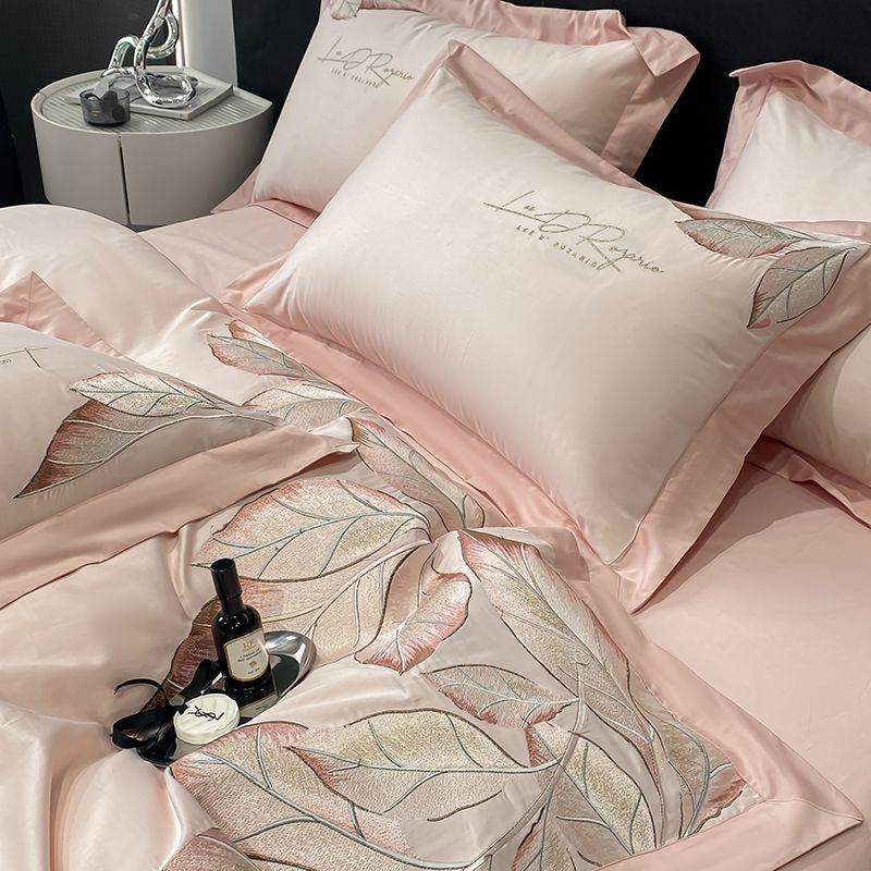 Ultra Soft Modern Style Leaf Pattern Embroidery Silky Satin Bedding Set