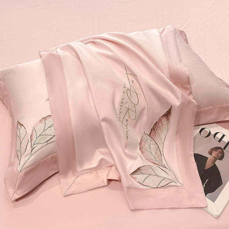 Ultra Soft Modern Style Leaf Pattern Embroidery Silky Satin Bedding Set