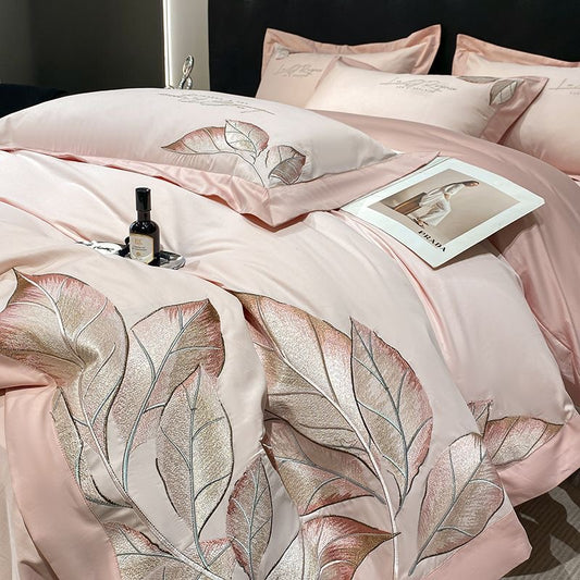 Ultra Soft Modern Style Leaf Pattern Embroidery Silky Satin Bedding Set