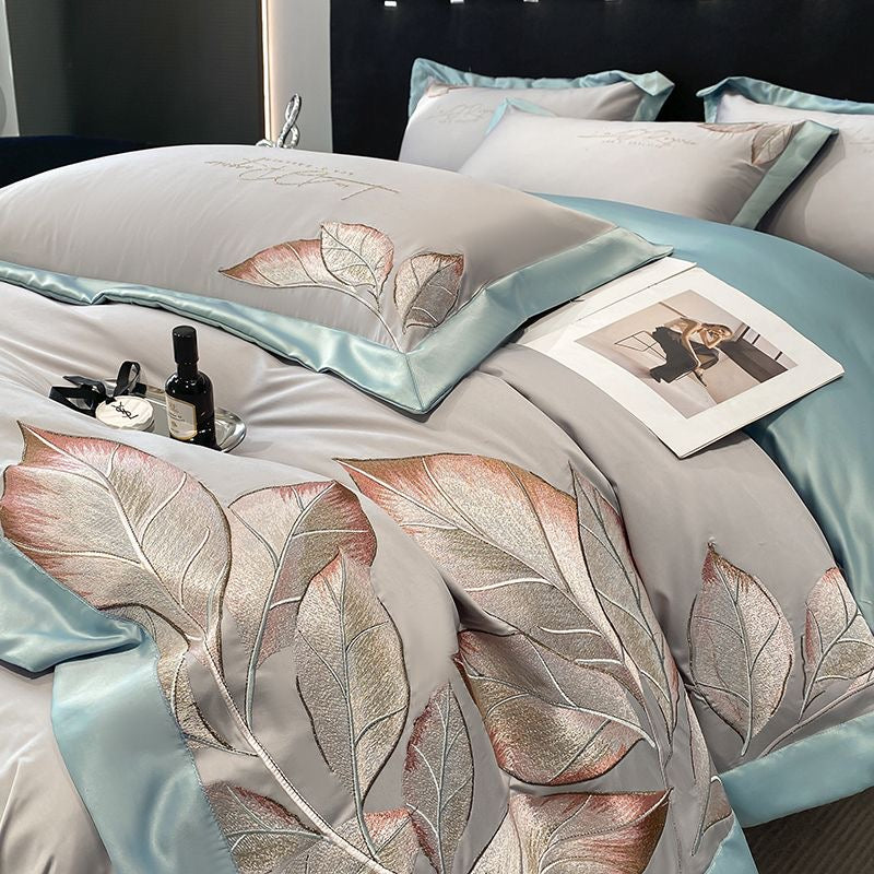 Ultra Soft Modern Style Leaf Pattern Embroidery Silky Satin Bedding Set