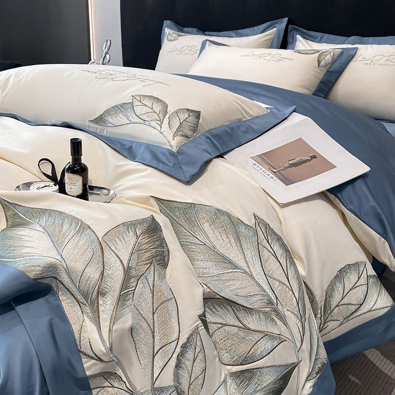 Ultra Soft Modern Style Leaf Pattern Embroidery Silky Satin Bedding Set