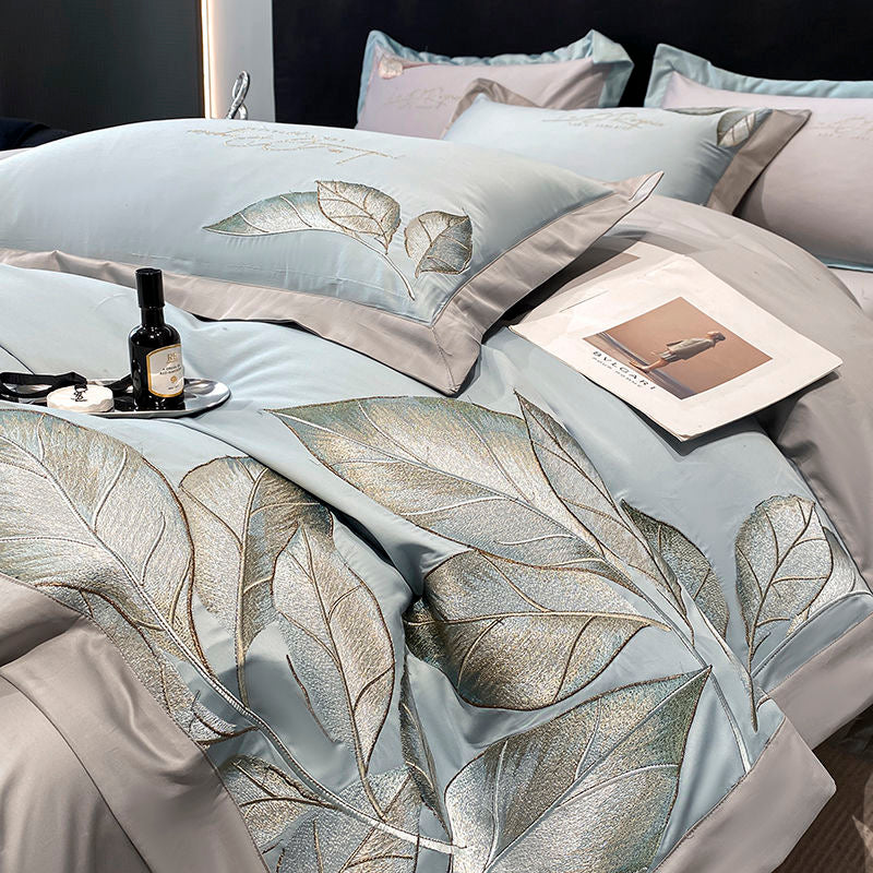 Ultra Soft Modern Style Leaf Pattern Embroidery Silky Satin Bedding Set