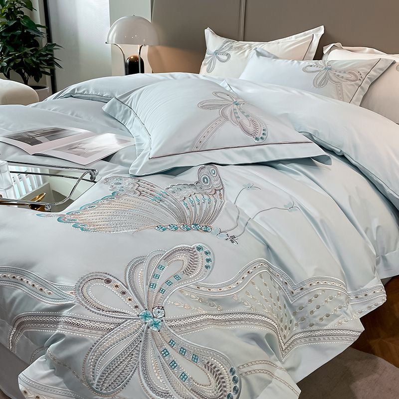 Romantic Butterfly Pattern Embroidery Silky Satin Bedding Set