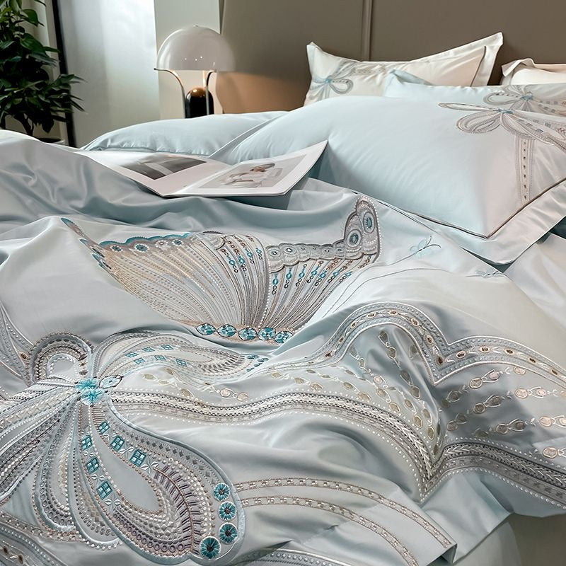 Romantic Butterfly Pattern Embroidery Silky Satin Bedding Set