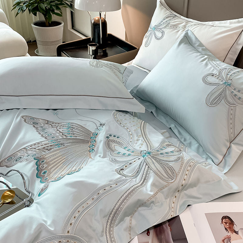 Romantic Butterfly Pattern Embroidery Silky Satin Bedding Set