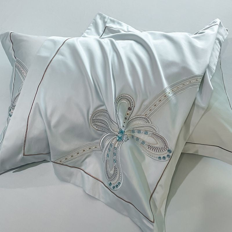 Romantic Butterfly Pattern Embroidery Silky Satin Bedding Set