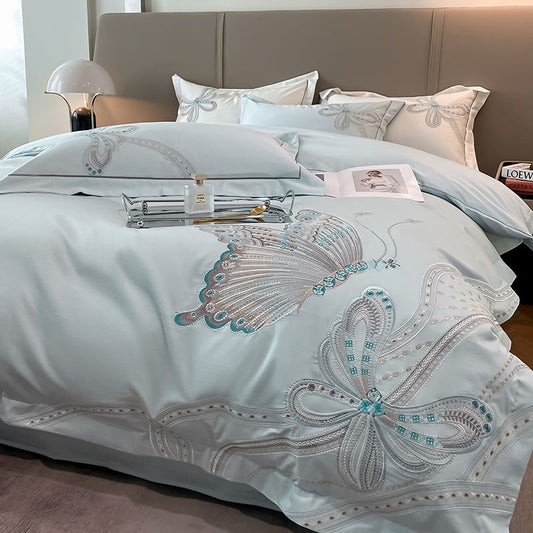 Romantic Butterfly Pattern Embroidery Silky Satin Bedding Set