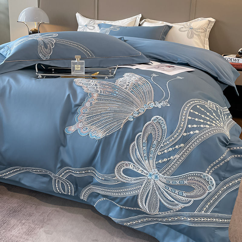 Romantic Butterfly Pattern Embroidery Silky Satin Bedding Set