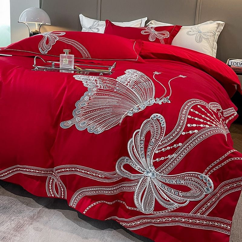 Romantic Butterfly Pattern Embroidery Silky Satin Bedding Set