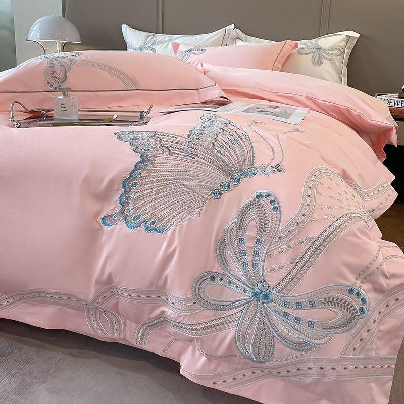 Romantic Butterfly Pattern Embroidery Silky Satin Bedding Set