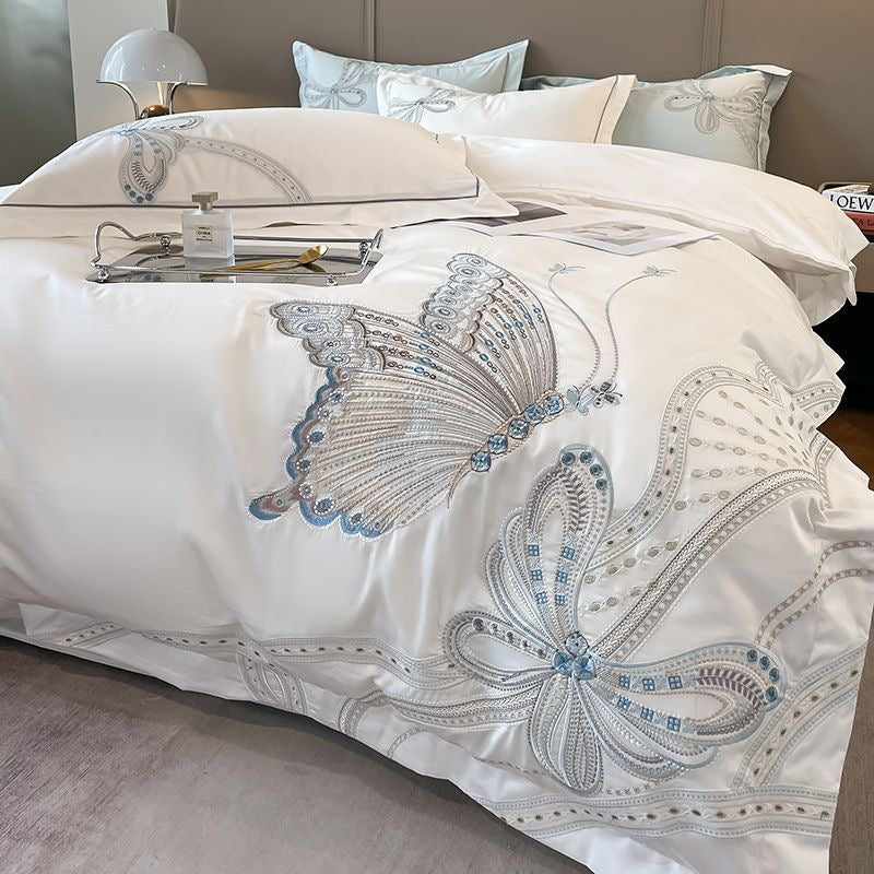 Romantic Butterfly Pattern Embroidery Silky Satin Bedding Set